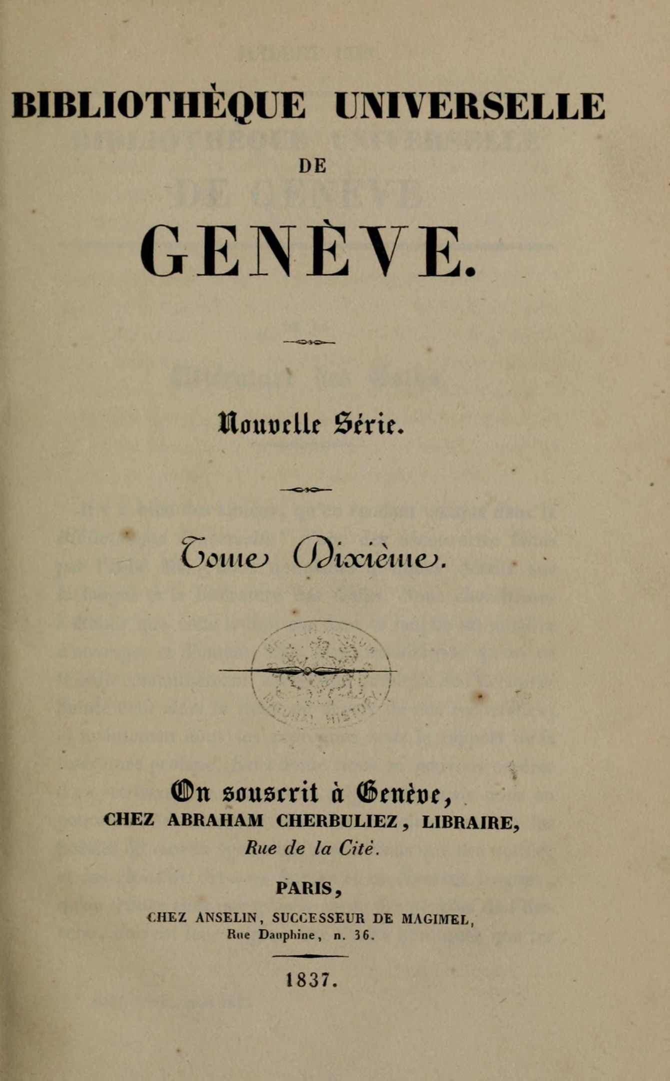 Altes Buch mit dem Titel "Bibliothèque Universelle de Geneve" geöffnet und zeigt Text.