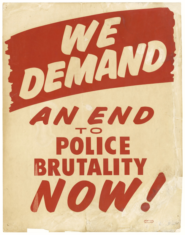 Poster with bold black text "We Demand an End to Police Brutality Now" on a white background framed by a black border, using a modern font.