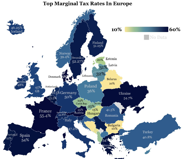 Eine Europakarte mit Farben, die die höchsten Steuersätze pro Land anzeigen, mit der Überschrift "Höchste Steuersätze in Europa".