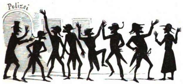 Black and white drawing of people dancing joyfully in front of a tall building labeled "Polizei."