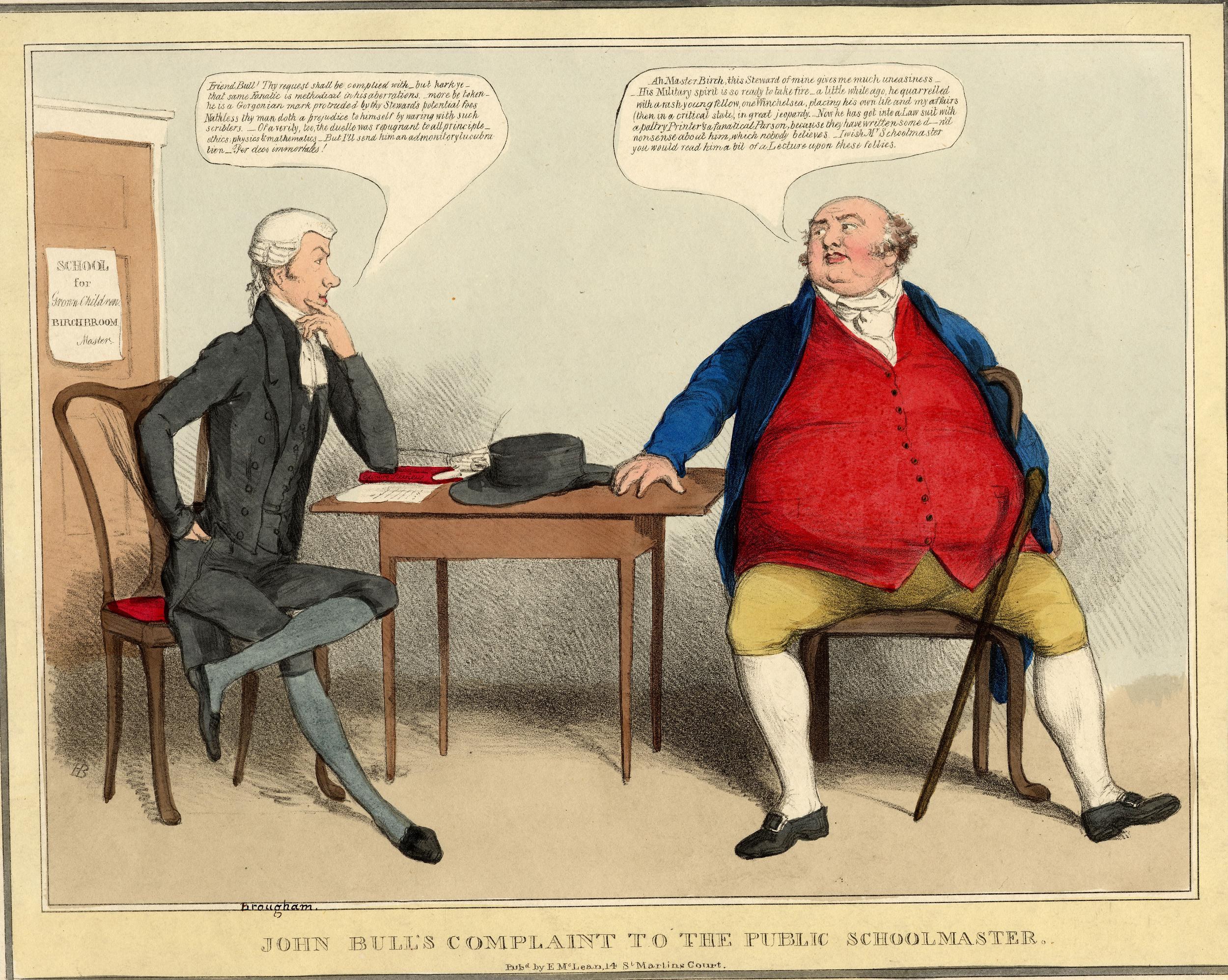 John Bull steht einem sitzenden Schuldirektor gegenüber an einem Tisch mit Hut und Papieren, während eine weitere Person in der Nähe sitzt; eine Tür und ein an der Wand angebrachtes Papier sind im Hintergrund sichtbar.