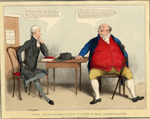 John Bull steht einem sitzenden Schuldirektor gegenüber an einem Tisch mit Hut und Papieren, während eine weitere Person in der Nähe sitzt; eine Tür und ein an der Wand angebrachtes Papier sind im Hintergrund sichtbar.