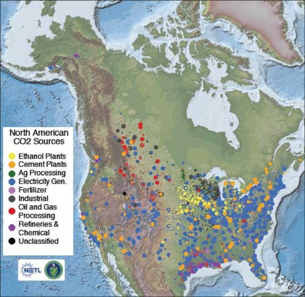 A poster map of the United States showing CO2 emission levels by region in varying shades of green, with text providing details on source size, capacity, and other information.