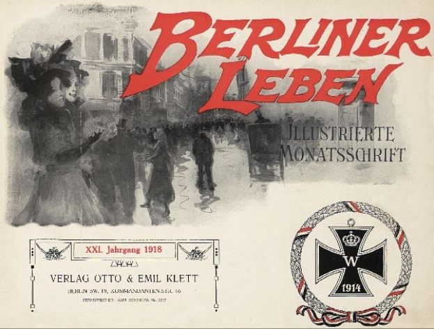 Altes Buchcover mit dem Titel 'Berliner Leben', das eine Gruppe von Menschen in einer feierlichen Umgebung und ein militärisch verbundenes Logo zeigt.