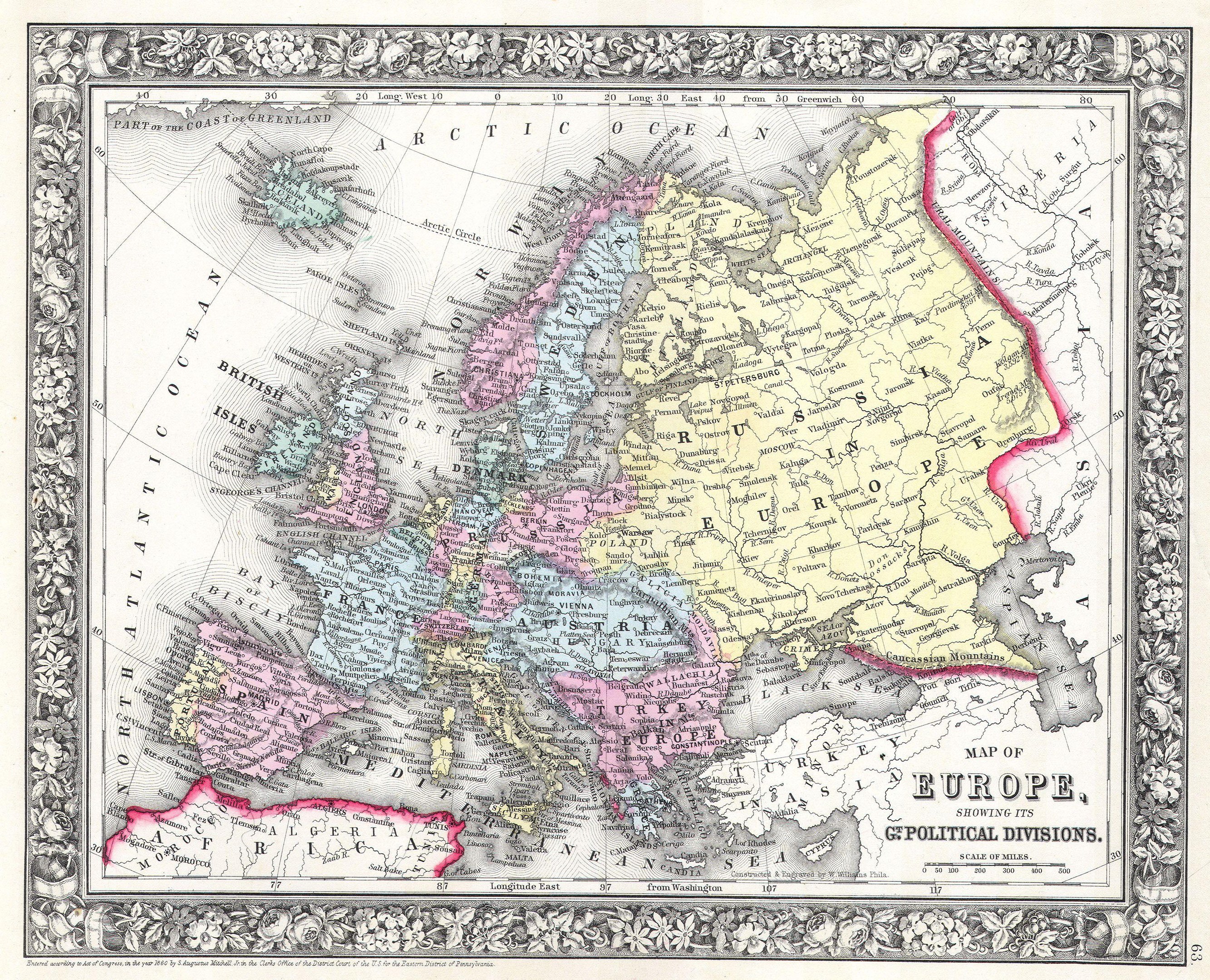 Old map of Europe framed in a photo frame, with the British Empire's extent shown in the background and text reading "Map of Europe showing its political divisions."