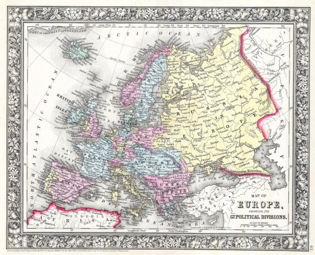 Old map of Europe framed in a photo frame, with the British Empire's extent shown in the background and text reading "Map of Europe showing its political divisions."