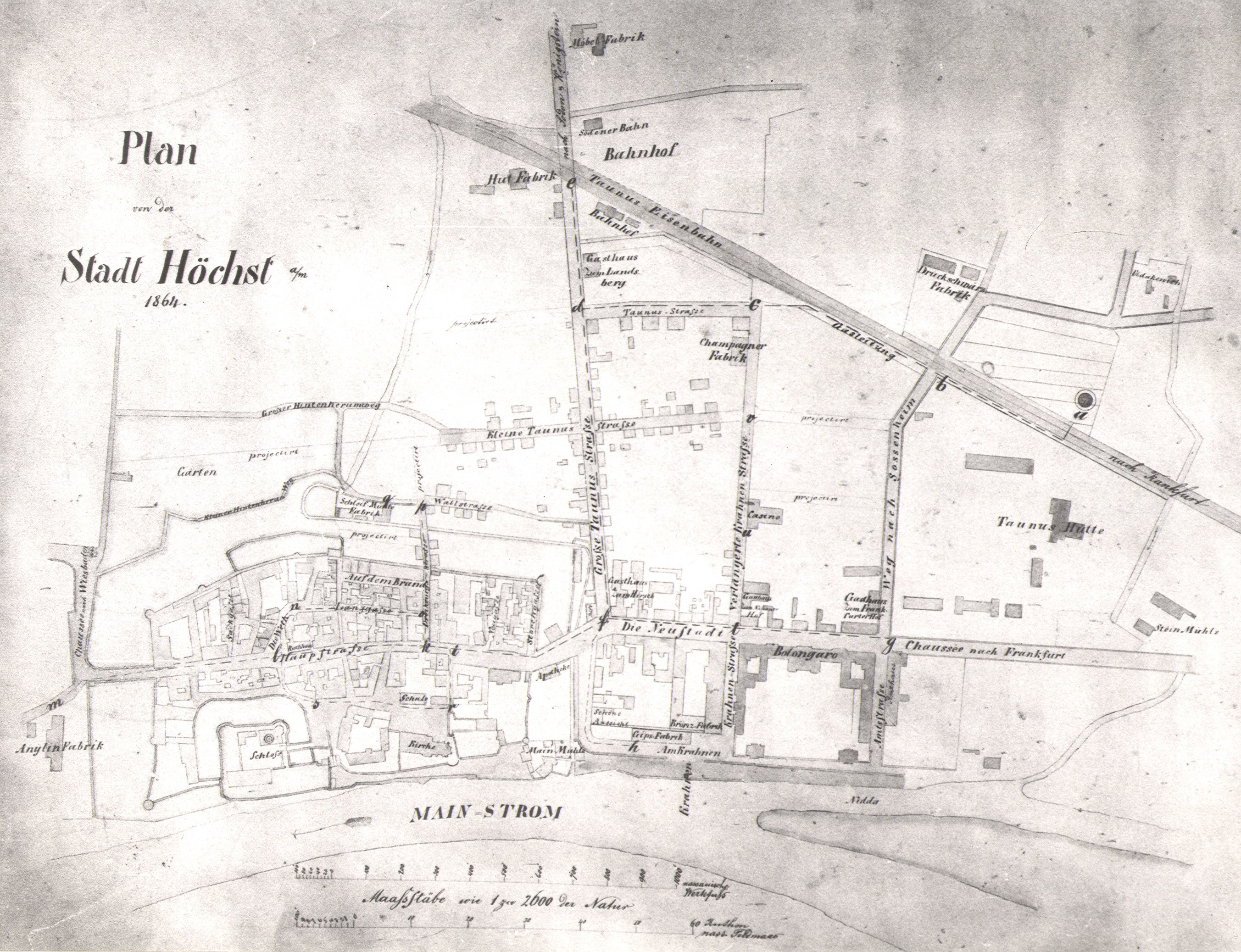 Detailed old map of Stadt Höchst displaying streets, buildings, and landmarks with text annotations.