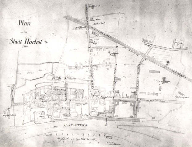 Detailed old map of Stadt Höchst displaying streets, buildings, and landmarks with text annotations.
