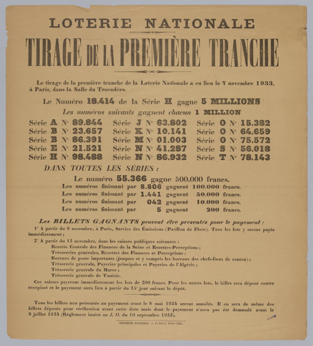 Lottery ticket for the "Loterie Nationale Première Tranche" draw.