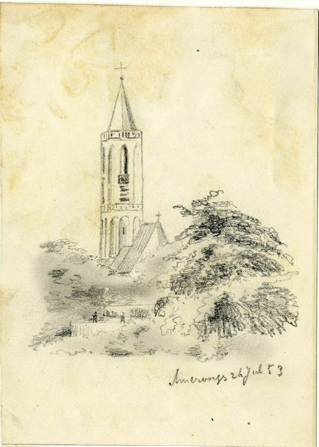A drawing of a church with a steeple and a tree in the foreground, set against a white background, with the text "Johannes Vermeulen - Church of the Holy Sepulchre" at the bottom.