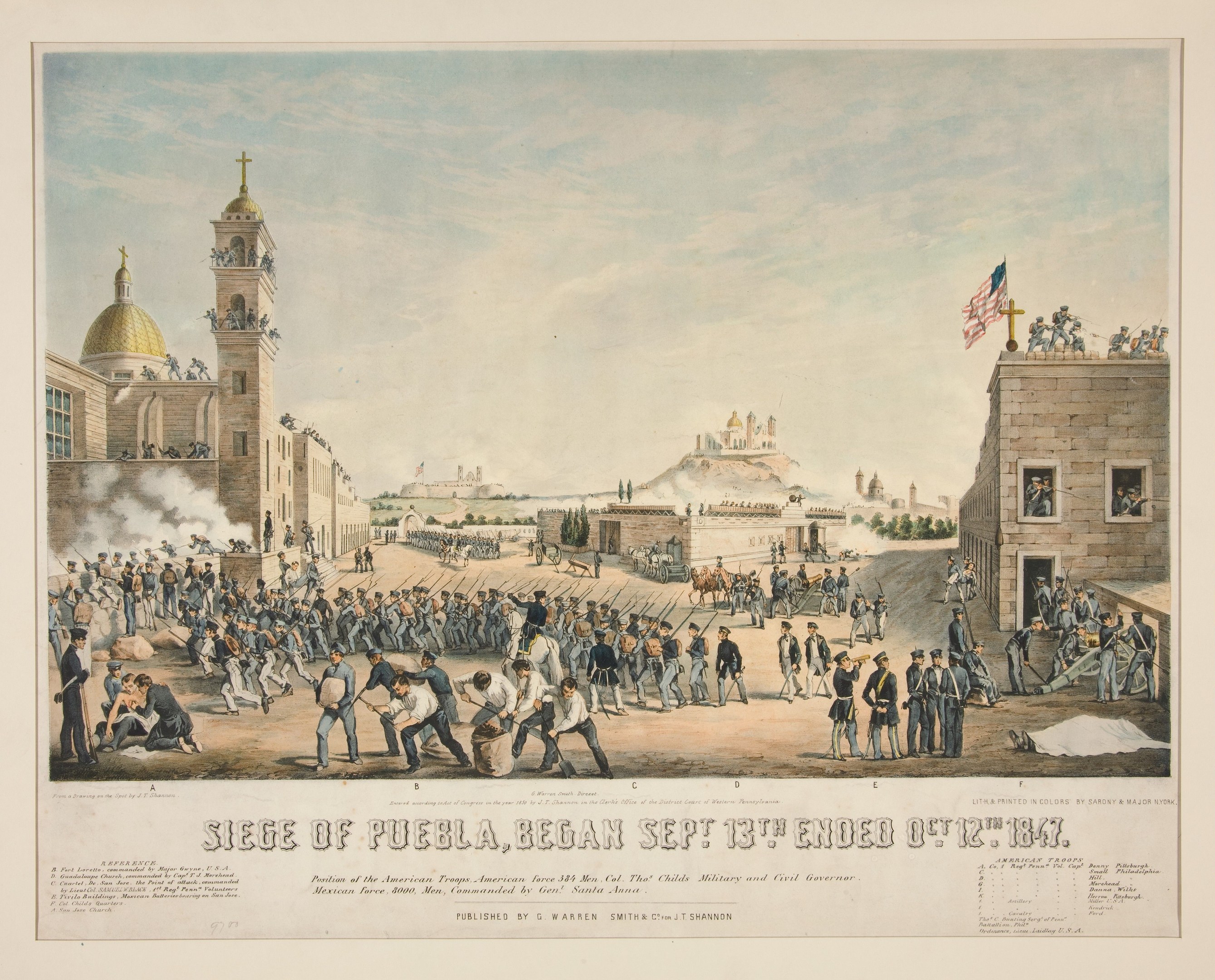 Gruppe bewaffneter Personen vor einem Gebäude mit Fahnenmast, Bäumen und einem bewölkten Himmel, mit Text unten: "Belagerung von Puebla, 13. September 1863."