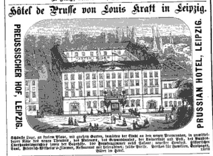 Black-and-white advertisement for a Leipzig hotel featuring an illustration of the building, surrounding trees, and people, accompanied by descriptive text.