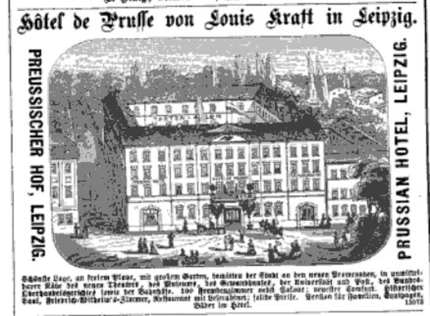 Black-and-white advertisement for a Leipzig hotel featuring an illustration of the building, surrounding trees, and people, accompanied by descriptive text.
