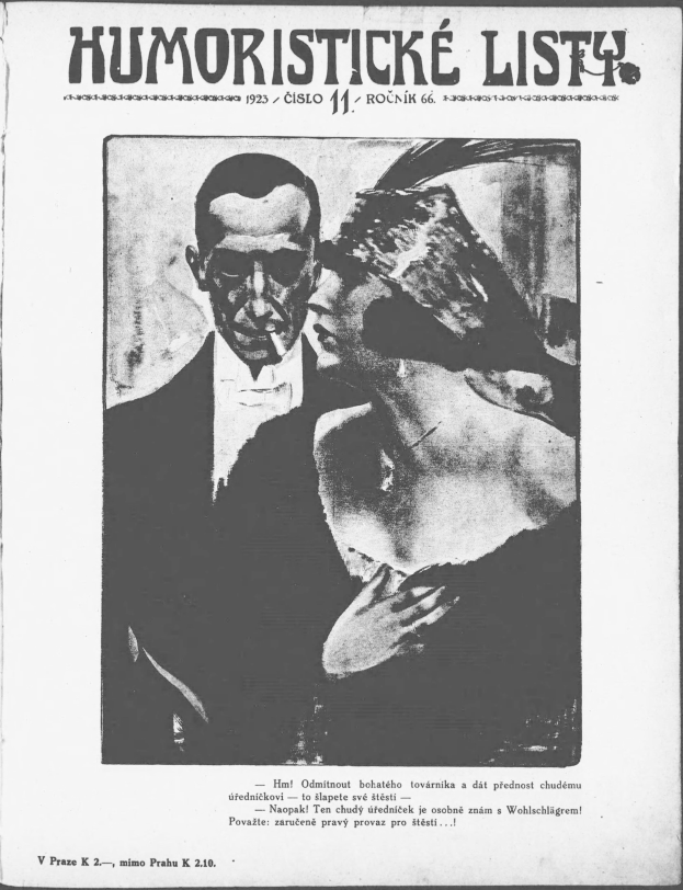 Schwarze und weiße Zeitschriftentitelabbildung 'Humoristische Liste' mit einem Mann im Anzug mit ernster Miene und einer Frau, die verschmitzt in die Ferne schaut.