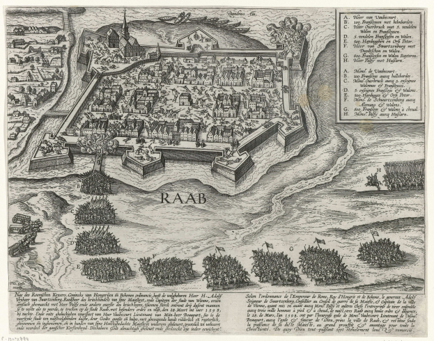 Old map of Raab, Netherlands, depicting trees, tall buildings, and descriptive text on aged paper.