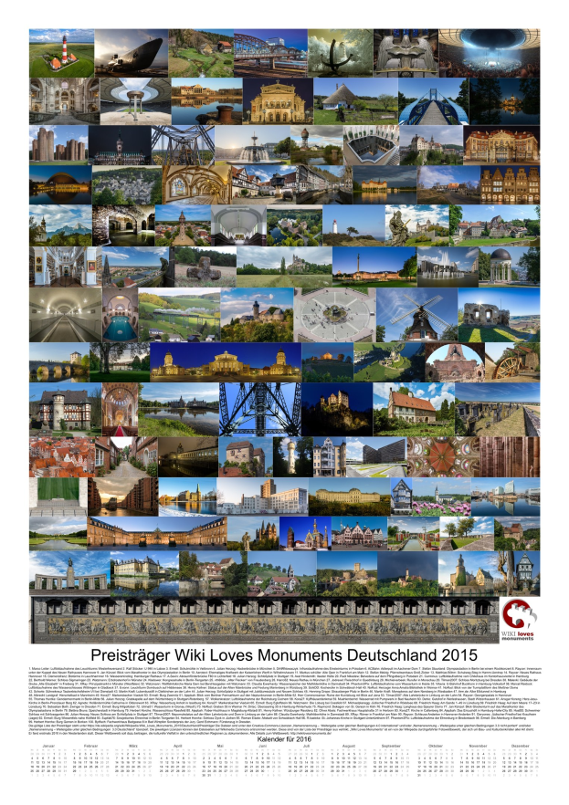 Ein deutscher Kalender aus dem Jahr 2015 mit dem Titel "Preisträger Wiki Loves Monuments Deutschland 2015", der ein Collage von Monumentfotos zeigt.