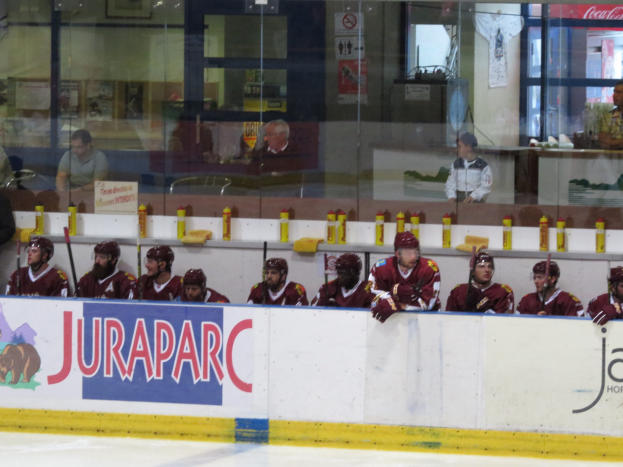 Gruppe von Hockey-Spielern, die auf den Ränken eines Eishockeyplatzes sitzen, Helme tragen und Hockeyschläger halten, mit einer textbedeckten Wand und durch Glasbarrieren sichtbaren Zuschauern.