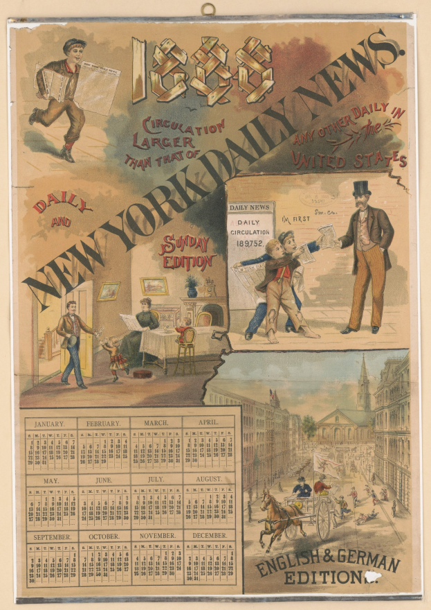Alte Zeitung mit dem Titel "New York Daily News" und Kalender, zeigt diverse Menschen, Stadtgebäude und Text.