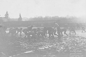 Ein Schwarz-Weiß-Foto einer Gruppe von Menschen, die auf einem Feld Fußball spielen, mit Pferden im Vordergrund und Bäumen, Gebäuden und Himmel im Hintergrund. Unten auf dem Bild steht der Text "1918-1918 Fußball an der Staatsuniversität".