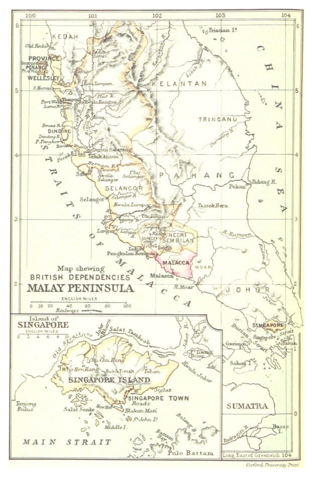 A detailed map of Malaysia with British Empire territories highlighted, showing provinces, cities, capitals, and geographical features.