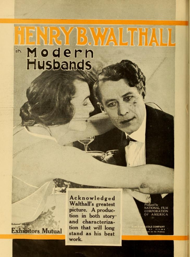 Buchumschlag mit einem Mann und einer Frau in inniger Umarmung und dem Text 'Henry B. Walthall in Modern Husbands' darunter.