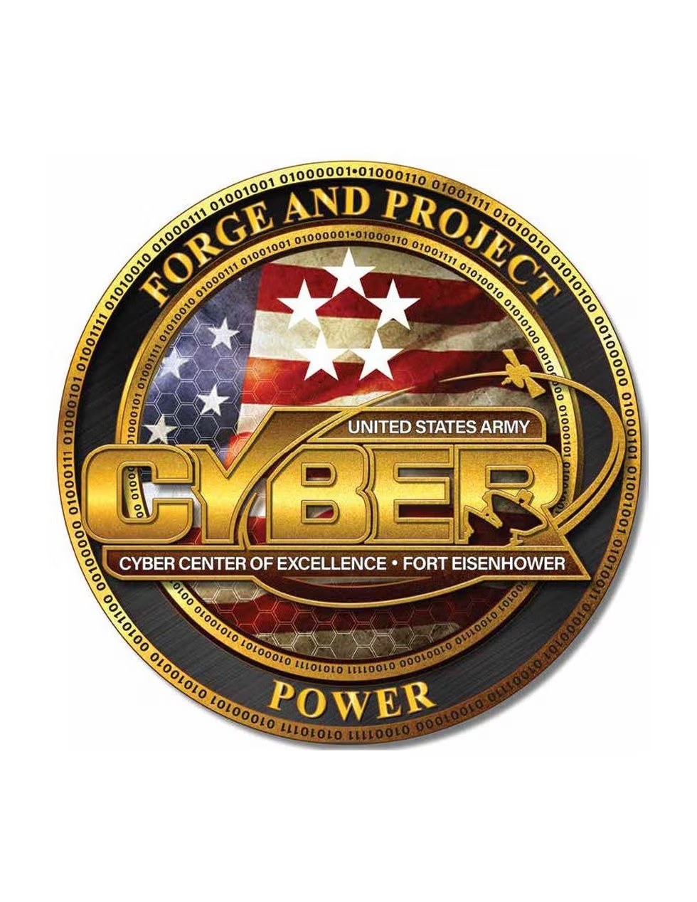 Logo of the United States Army Cyber Center of Excellence, Fort Eisenhower, featuring a blue circle with a white star, a white border, and the text "Forge and Project Cyber Power" in bold black font below.
