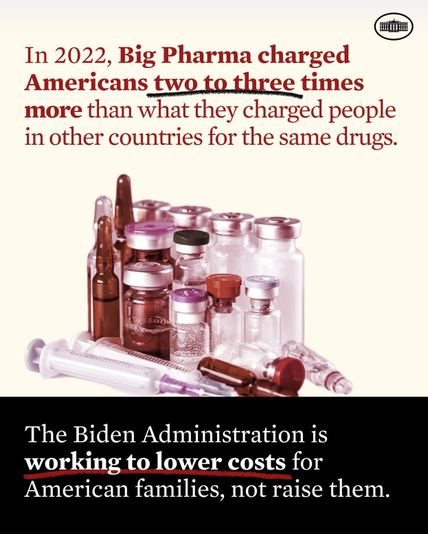 Plakat mit Text, der besagt, dass Big Pharma 2022 Amerikaner zwei bis drei Mal mehr für dieselben Medikamente berechnet hat, begleitet von Flaschen und einer Spritze.