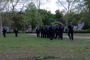 Eine Gruppe von Polizisten in schwarzen Uniformen und Helmen, die über ein grünes Feld gehen, mit Bäumen, Pflanzen, Gebäuden und einem klaren blauen Himmel im Hintergrund.