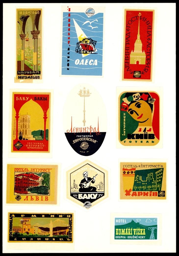 A black frame containing a grid of vintage Russian travel posters with varied designs, colors, and classic typography.
