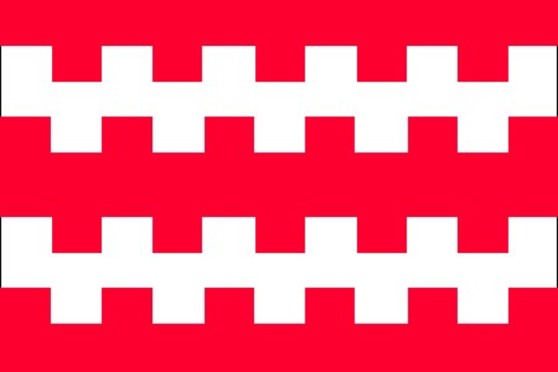 Rote Flagge mit einem mittigen weissen Kreuz, das aus abwechselnden weissen und roten Quadraten besteht.