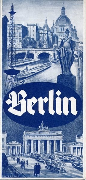 Poster advertising Berlin, Germany, featuring a statue, buildings, a tower, people, vehicles on the road, and a bridge, with text providing information about the city.
