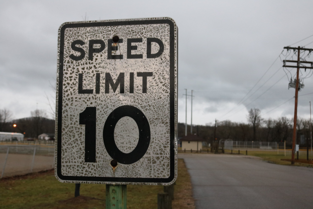 Geschwindigkeitsbegrenzungszeichen am Straßenrand mit Gras, Strommasten, einem Zaun, Häusern, Bäumen und einem bewölkten Himmel.