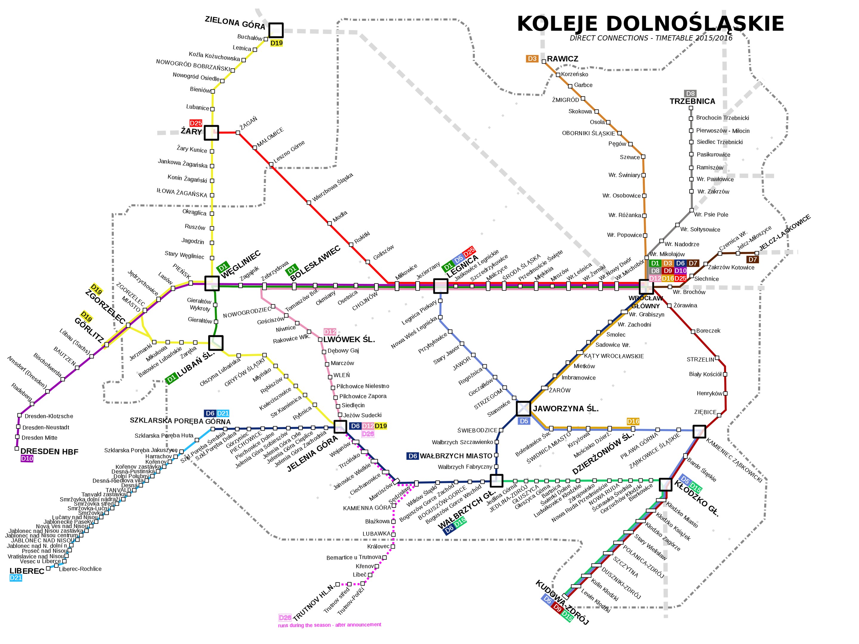 Poster of the Koleje Dolnośląskie Metro System map in Poland, showing metro lines, stops, and routes.