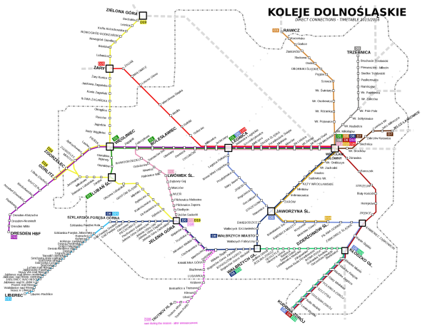 Poster of the Koleje Dolnośląskie Metro System map in Poland, showing metro lines, stops, and routes.