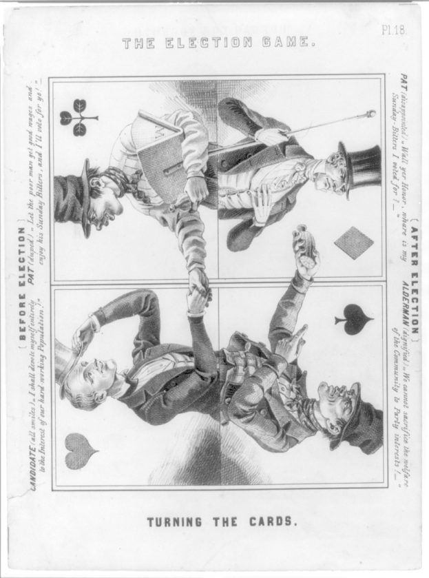 Schwarz-weiß-Zeichnung eines Mannes mit Zylinder und einer Frau im Anzug, die Karten spielen, auf einem Papier mit wahlbezogenen Wörtern und Zahlen.