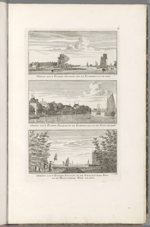 Open book titled "Greeigt aan't zuidder spearne, van de kampfraan van de stad zijn" displaying a cityscape illustration with buildings, trees, and boats on water.