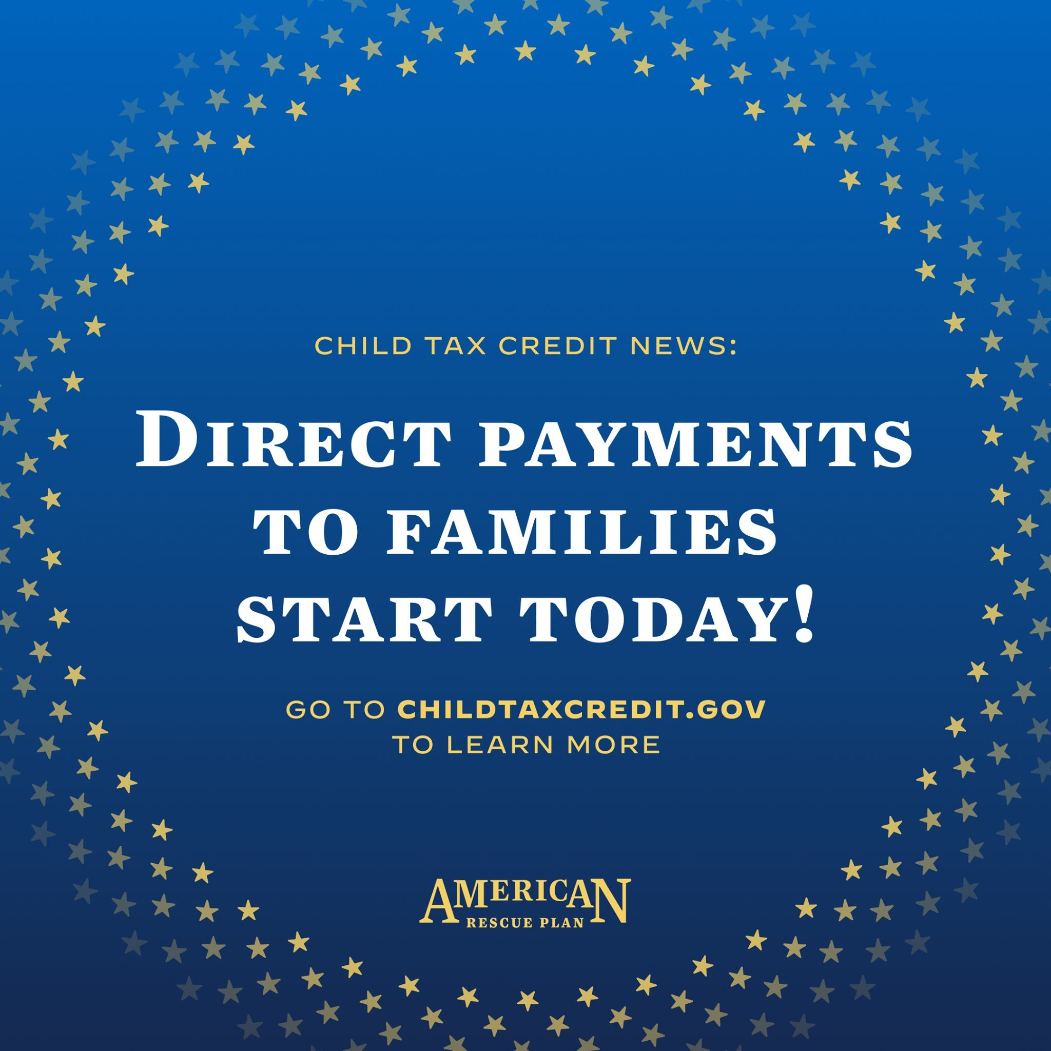 Plakat, das "Direkte Zahlungen an Familien beginnen heute" ankündigt, mit einem Sternenmuster darum.