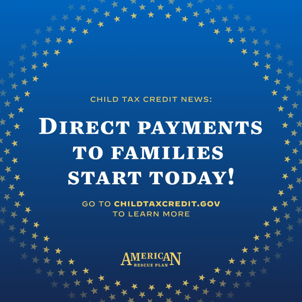 Plakat, das "Direkte Zahlungen an Familien beginnen heute" ankündigt, mit einem Sternenmuster darum.