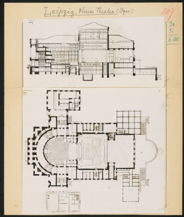 Black and white drawing of the Leipzig Neues Theater with many windows, on paper with handwritten text.