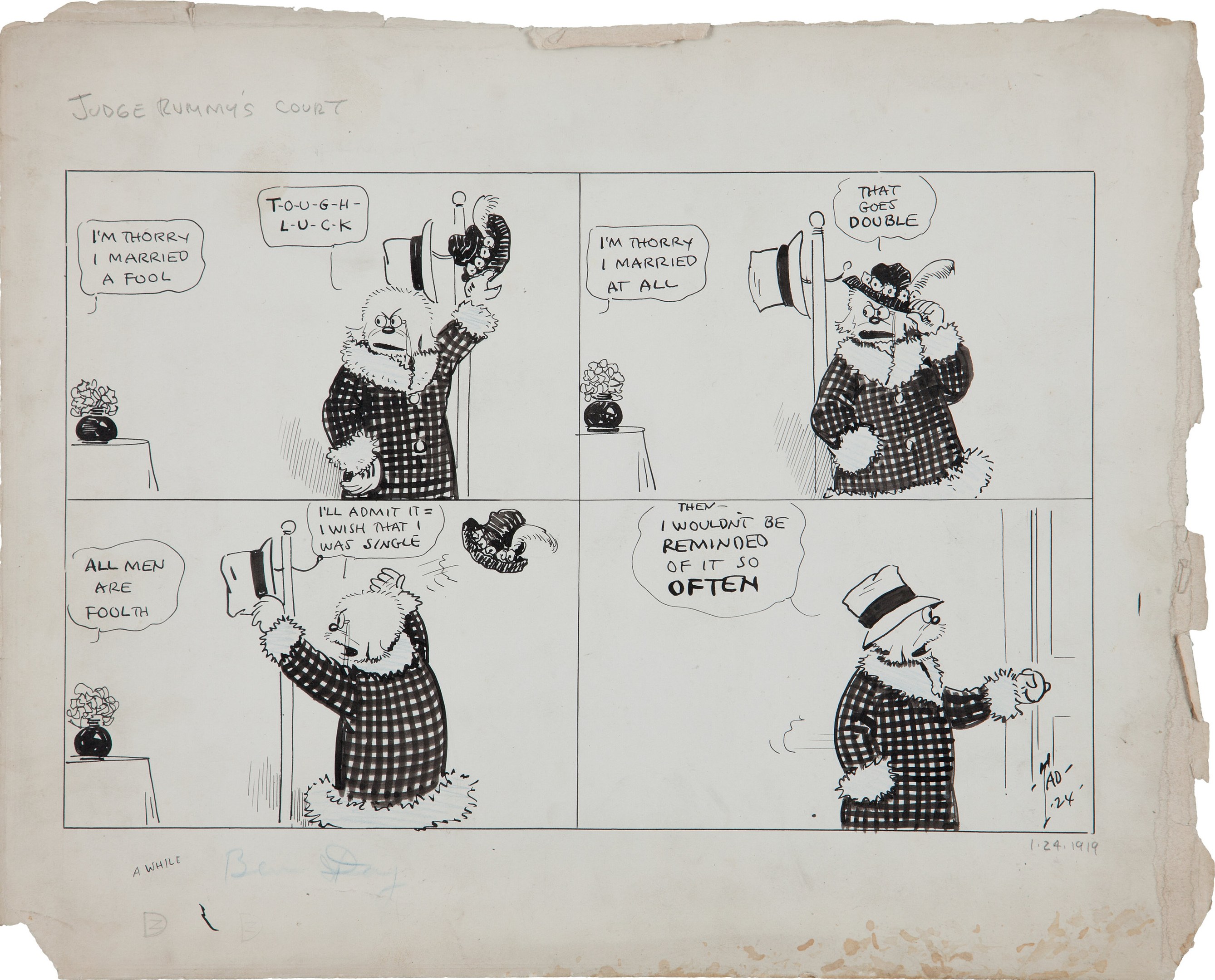 Schwarze und weiße Comicseite mit dem Titel 'Richter Rummys Gericht', die einen Mann mit Zylinder und eine Frau in einem Kleid zeigt.