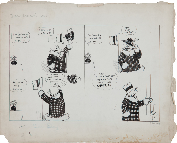 Schwarze und weiße Comicseite mit dem Titel 'Richter Rummys Gericht', die einen Mann mit Zylinder und eine Frau in einem Kleid zeigt.