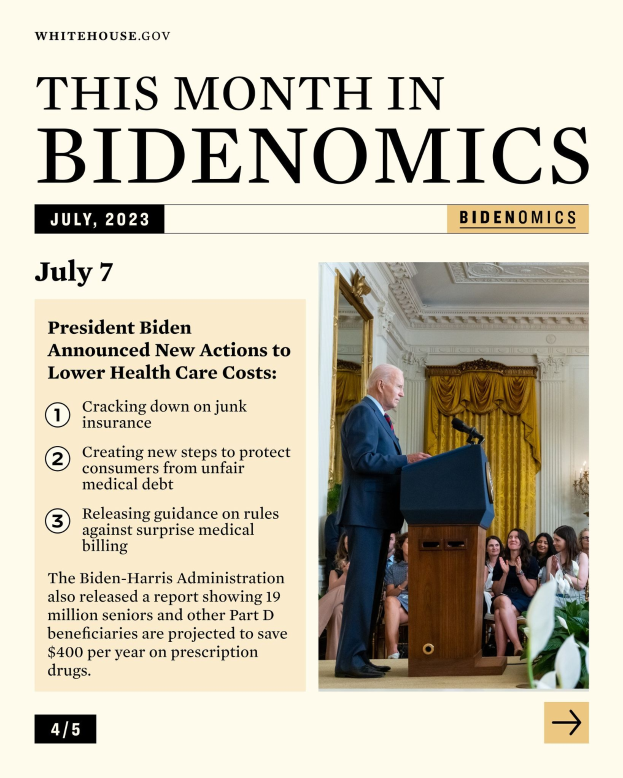 President Biden stands at a podium with a microphone, addressing a seated audience in a room with curtains and a wall in the background; the text "This Month in Bidenomics July 2023" is visible.