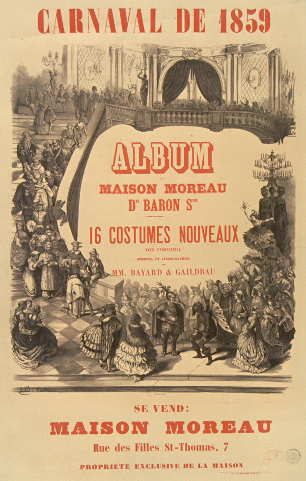 Ein Vintage-Plakat für den Karneval von 1859, das eine Gruppe in bunten Kostümen mit beschreibendem Text zeigt.