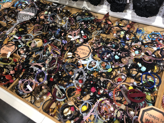 Vitrine voller verschiedener Schmuckstücke einschließlich Armbänder, Ketten und Preisschilder, mit Kleidung darüber, die einen Marktplatz suggeriert.