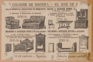 Eine alte Werbung für ein Möbelladen mit einem Sofa, einem Stuhl und einem Tisch.