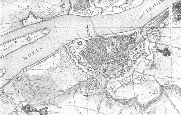 Schwarze und weiße Karte der Stadt Rhein, die Straßen, Gebäude und andere Merkmale zeigt.