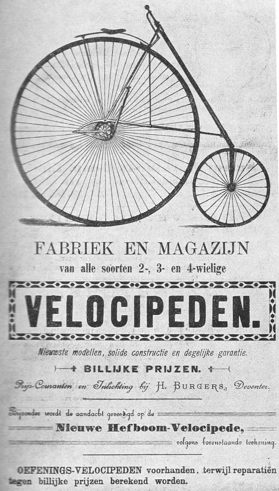 Advertisement poster for an old velocipede bicycle with a large central wheel and descriptive text.