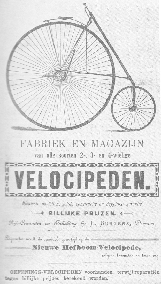 Advertisement poster for an old velocipede bicycle with a large central wheel and descriptive text.
