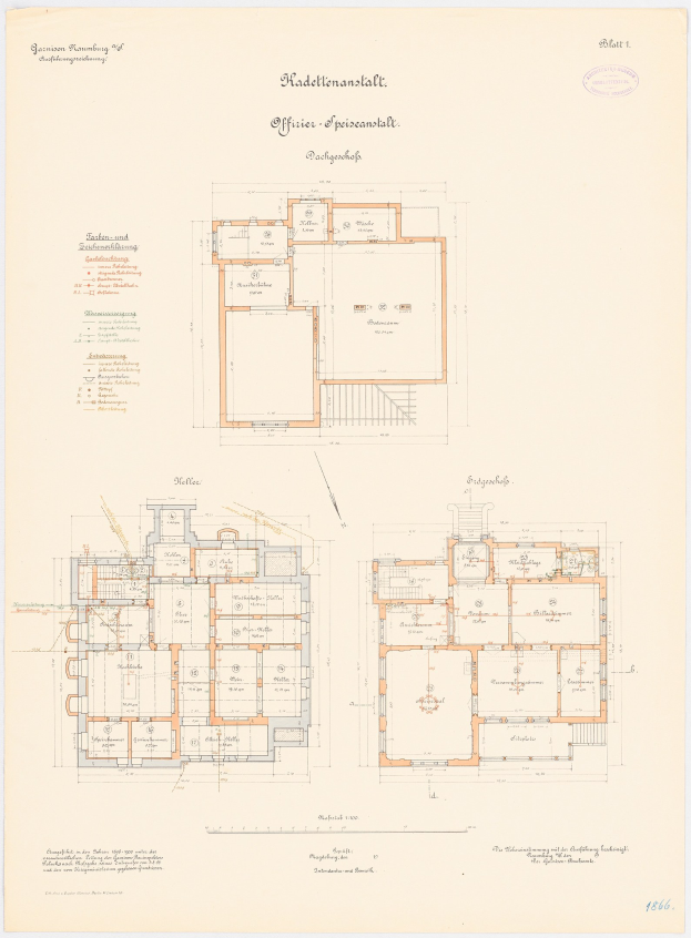 Black and white architectural floor plan of a multi-room building with labeled office space for "Przeczanskalz" and handwritten annotations detailing the layout.