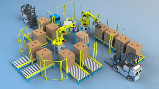 Group of automated robots on a conveyor belt in a warehouse, handling cardboard boxes with vehicles visible on the floor.
